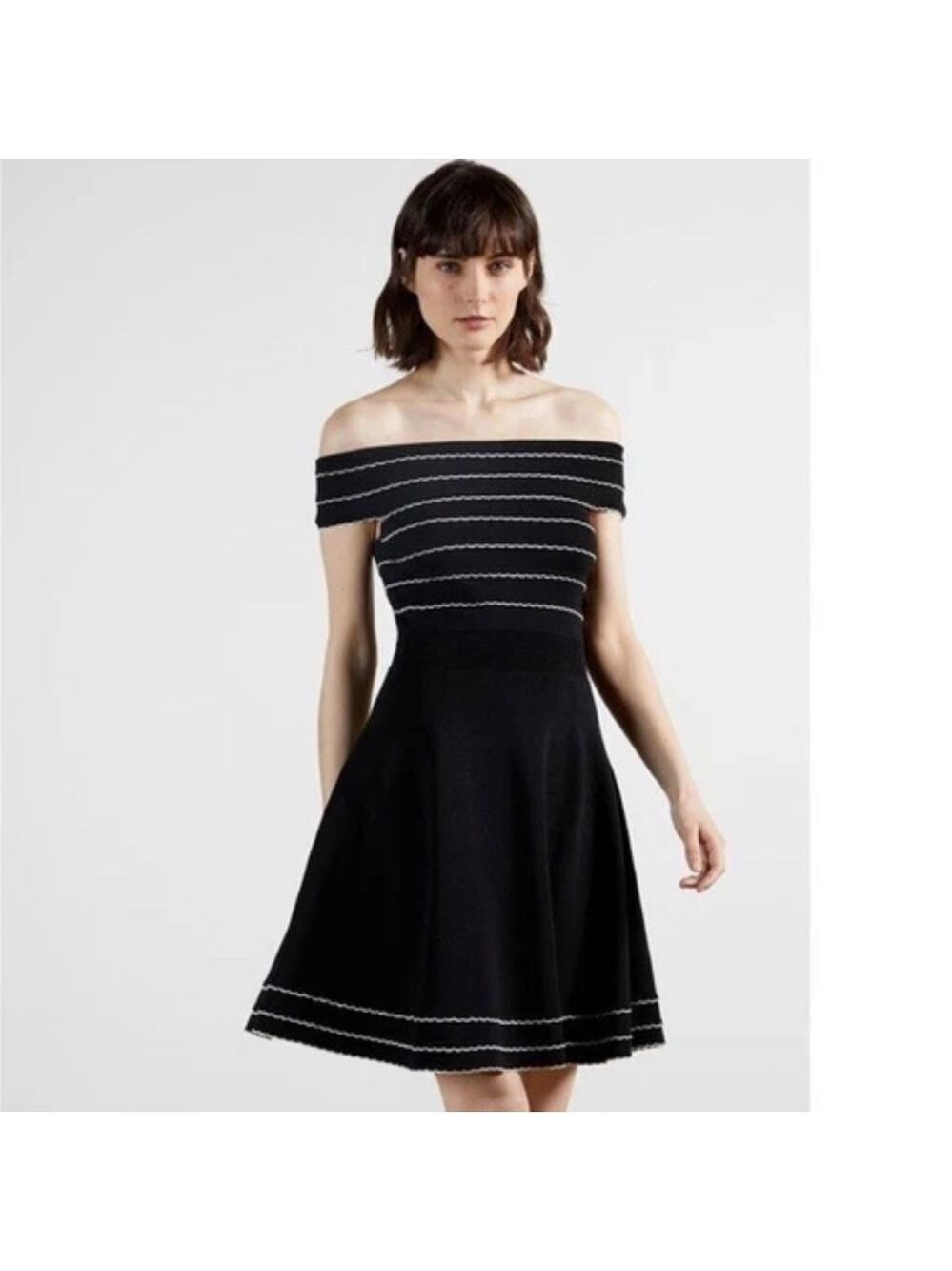 Ted Baker London Maisie Bardot Knitted Black White Off Shoulder Skater Dress